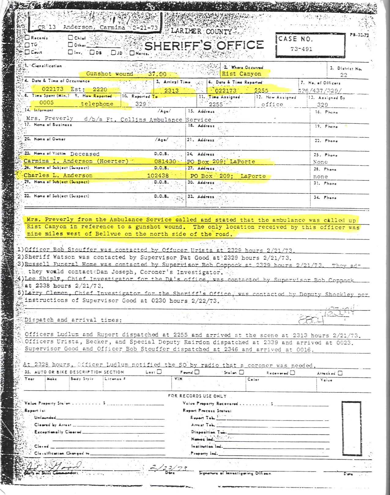 sheriff's report on the death of carmina anderson feb 21 1973