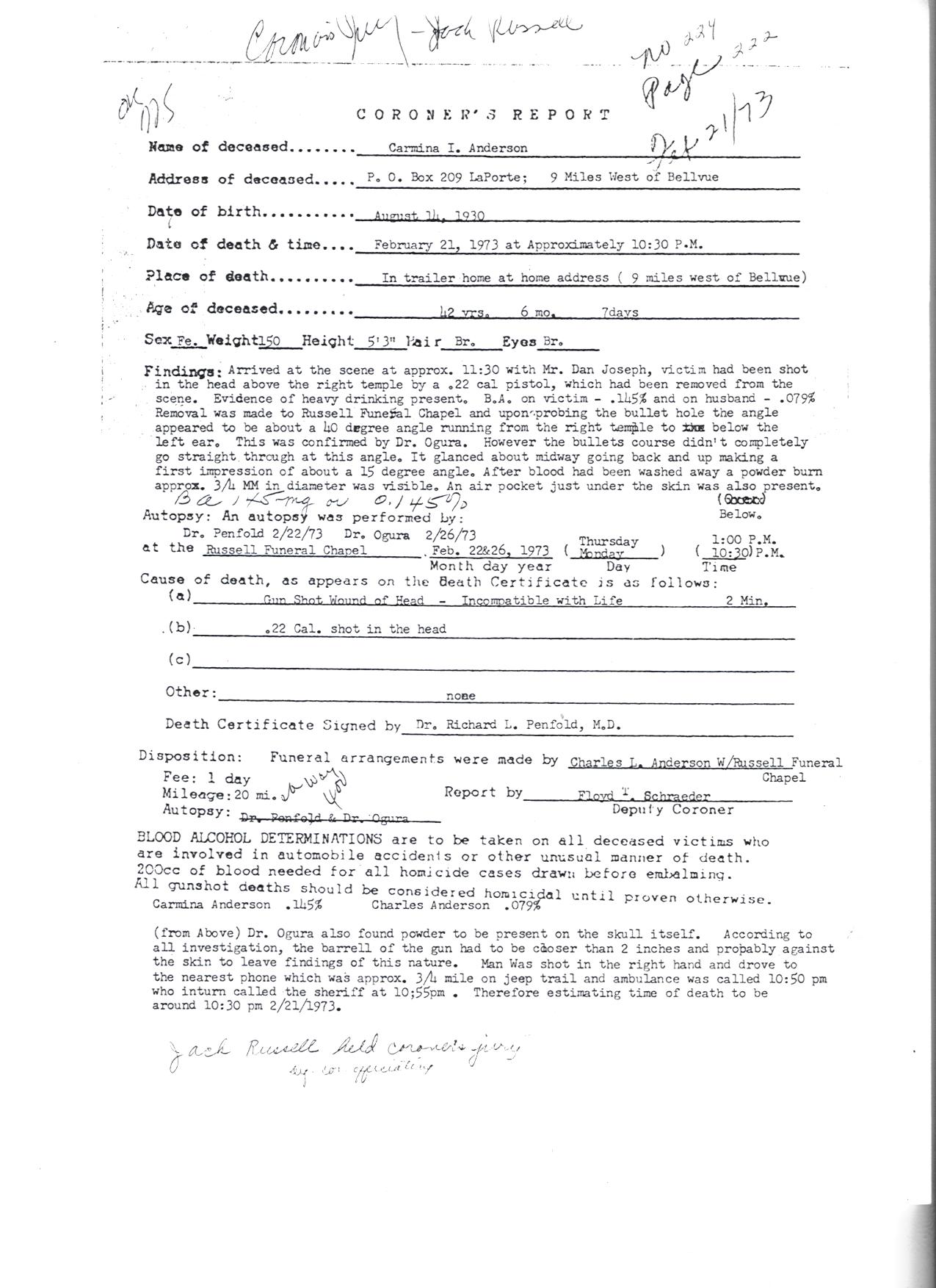 Coroner's Report of the death of Nina Anderson